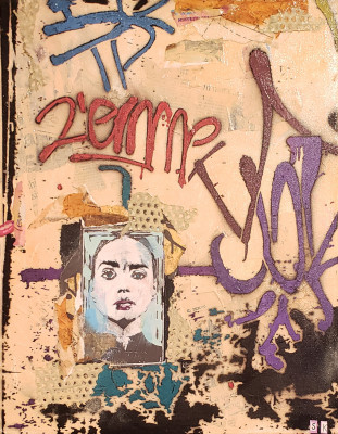 Graffiti Princess, Rome (2020) by Sue Katz, collage, acrylic, 20" x 16"
