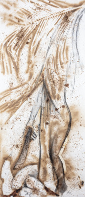 The Gardner (2024) by Antonius Roberts, mixed media on burnt Madeira saw dust, 100.75" x 47"